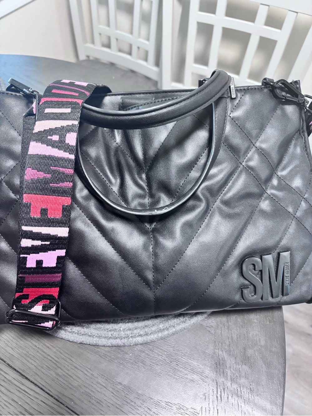 Steve Madden Black Quilted Crossbody with Pink Accent Strap